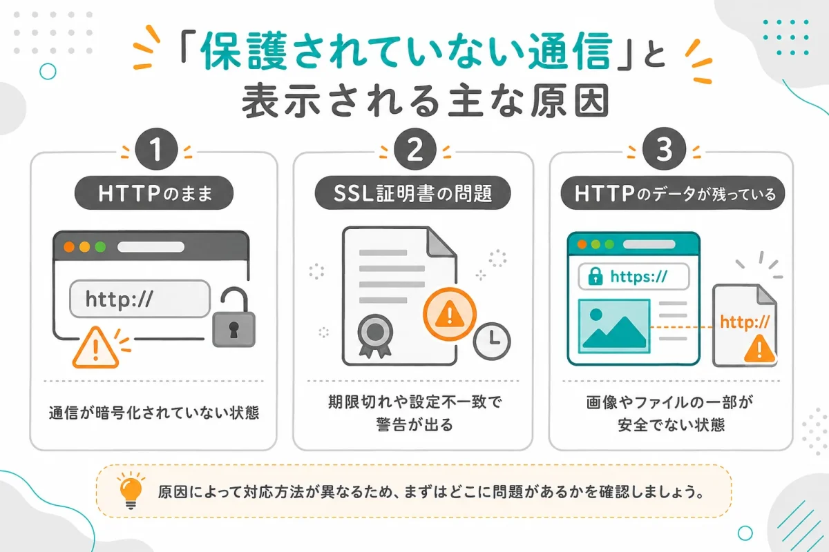 Webサイトで保護されていない通信と表示される主な原因