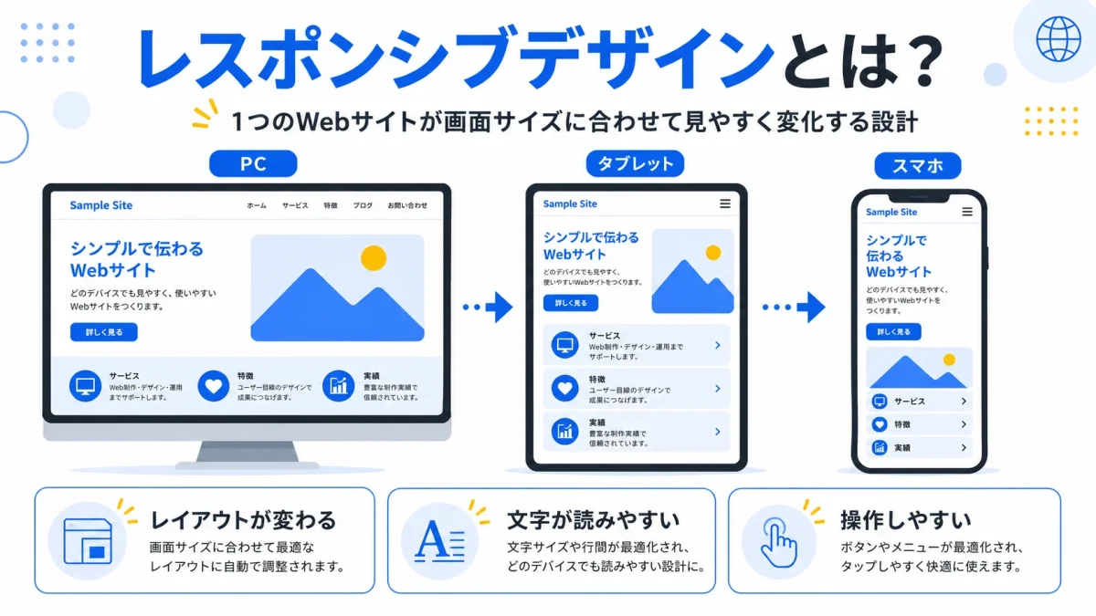パソコンとタブレットとスマートフォンでレイアウトが変化するレスポンシブデザインのイメージ