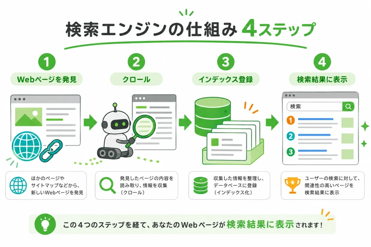 検索エンジンがWebページを見つけて検索結果に表示する仕組み