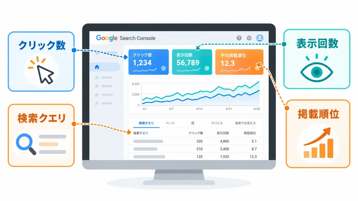 Googleサーチコンソールで確認できるクリック数・表示回数・検索クエリ・掲載順位