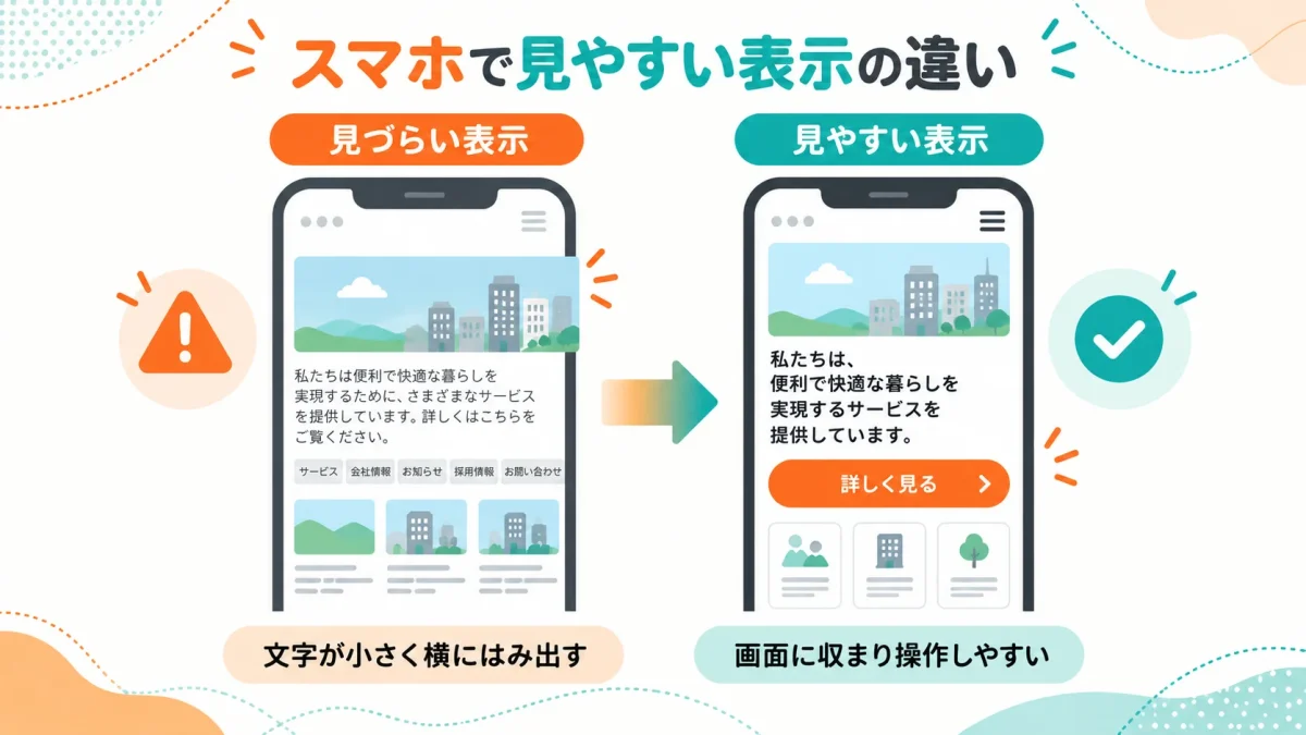 スマートフォンで見やすいページと、文字が小さく横にはみ出すページの比較図
