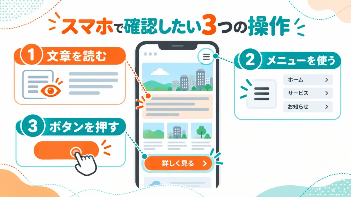 スマートフォンで文章、メニュー、ボタンの使いやすさを確認する流れ
